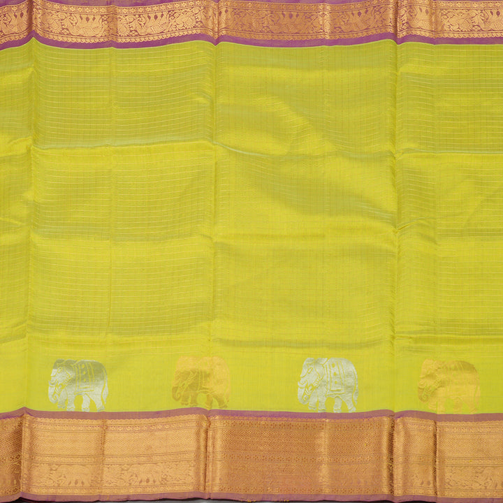 Hayagrivas Handloom Pure Silk Cotton Saree in Lemon Green with Purple KBE630F1-2