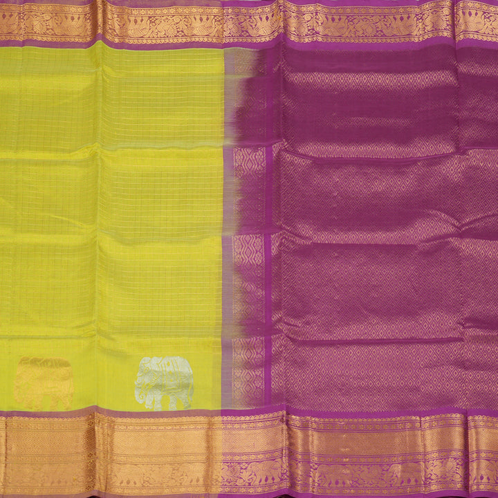 Hayagrivas Handloom Pure Silk Cotton Saree in Lemon Green with Purple KBE630F1-2