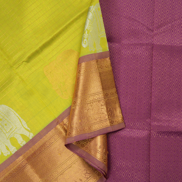 Hayagrivas Handloom Pure Silk Cotton Saree in Lemon Green with Purple KBE630F1-2