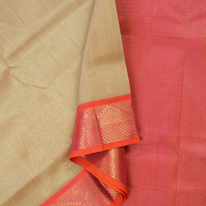 Hayagrivas Handloom Pure Silk Cotton Saree in Sandal with Orangish Pink KBE631F8-3