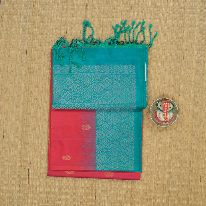 Hayagrivas Handloom Orangish Pink Soft Silk Saree with Turquoise Border KBE653G14-2