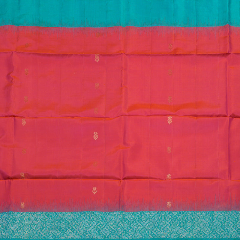 Hayagrivas Handloom Orangish Pink Soft Silk Saree with Turquoise Border KBE653G14-2
