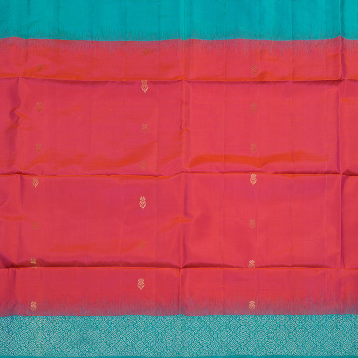 Hayagrivas Handloom Orangish Pink Soft Silk Saree with Turquoise Border KBE653G14-2