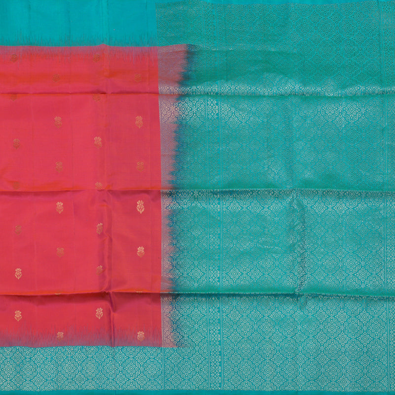Hayagrivas Handloom Orangish Pink Soft Silk Saree with Turquoise Border KBE653G14-2