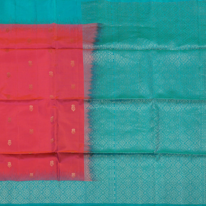 Hayagrivas Handloom Orangish Pink Soft Silk Saree with Turquoise Border KBE653G14-2