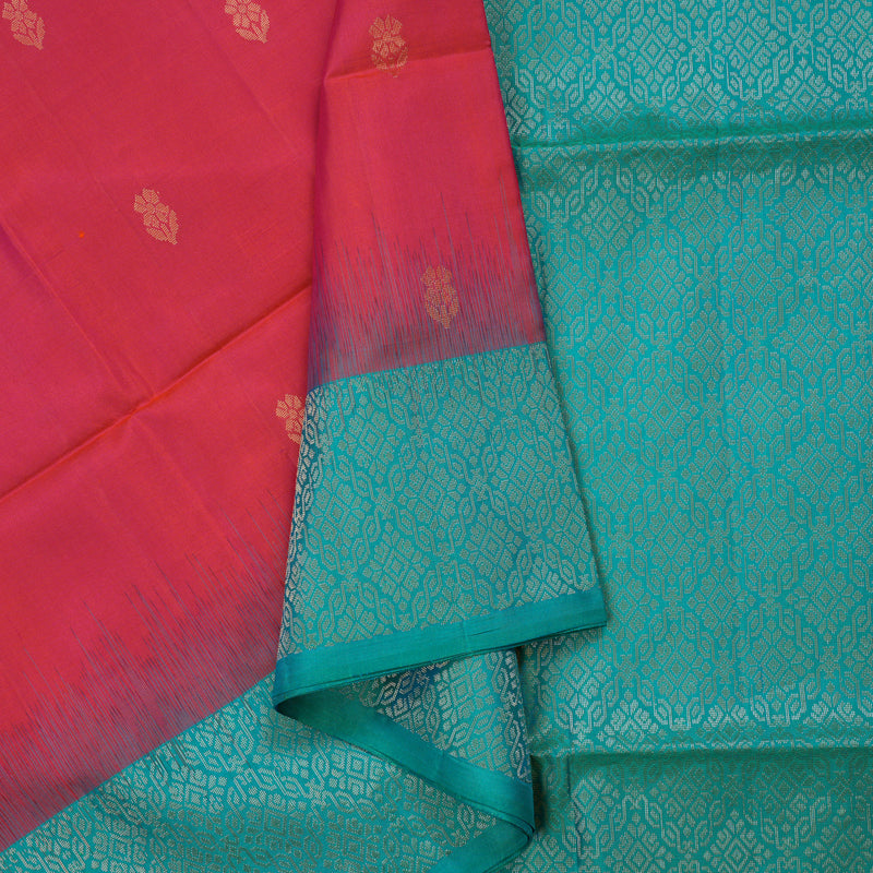 Hayagrivas Handloom Orangish Pink Soft Silk Saree with Turquoise Border KBE653G14-2