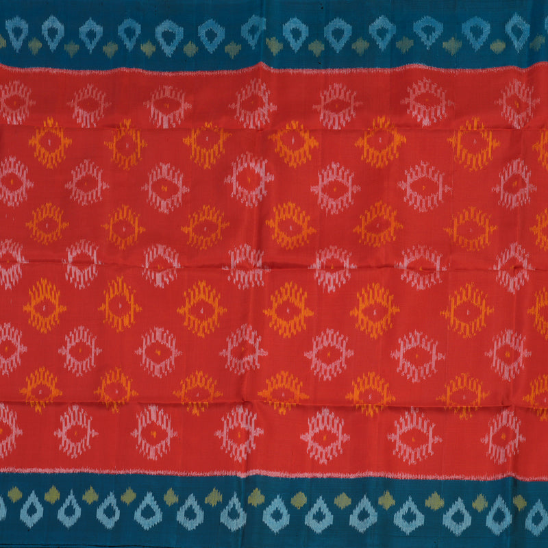 Hayagrivas Handloom Red Pure Ikkat Soft Silk Saree with Deep Teal Border KBE662G13-1