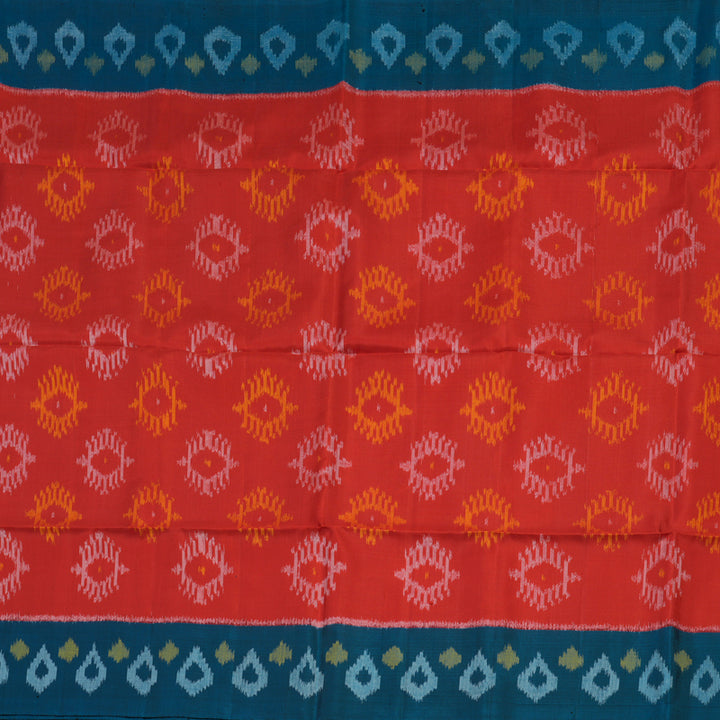 Hayagrivas Handloom Red Pure Ikkat Soft Silk Saree with Deep Teal Border KBE662G13-1