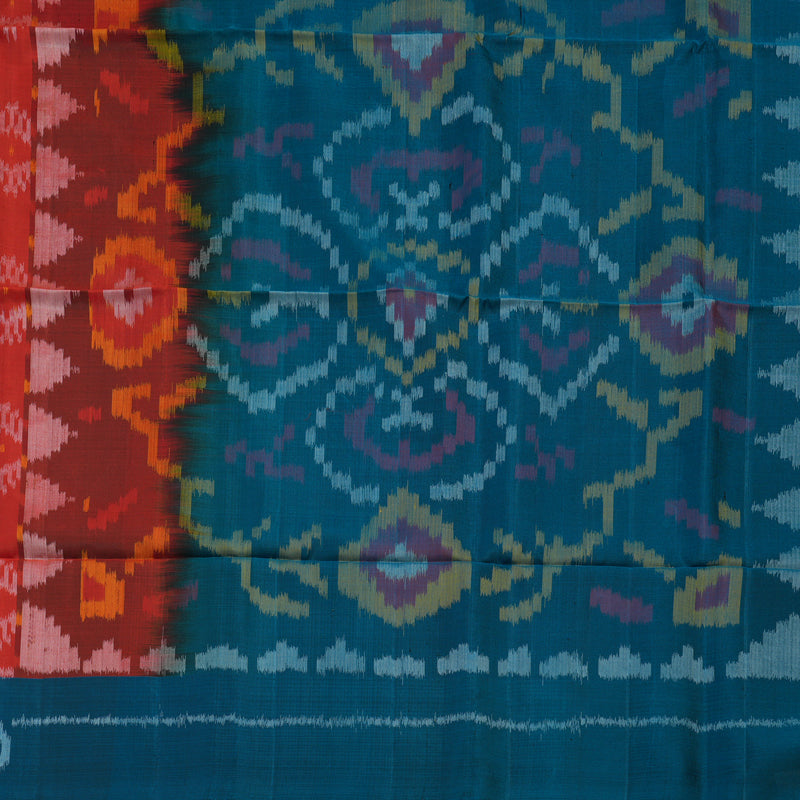 Hayagrivas Handloom Red Pure Ikkat Soft Silk Saree with Deep Teal Border KBE662G13-1