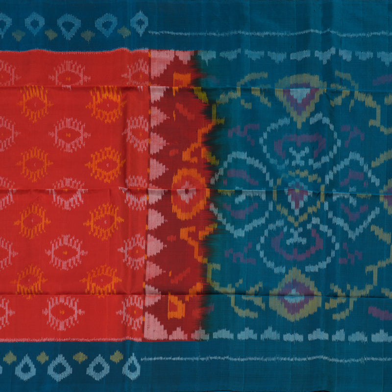 Hayagrivas Handloom Red Pure Ikkat Soft Silk Saree with Deep Teal Border KBE662G13-1