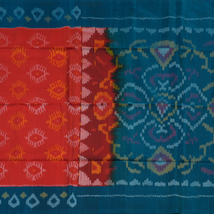 Hayagrivas Handloom Red Pure Ikkat Soft Silk Saree with Deep Teal Border KBE662G13-1