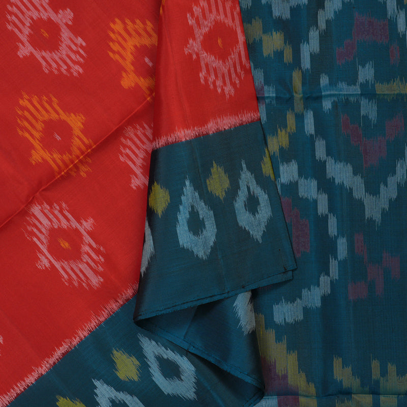 Hayagrivas Handloom Red Pure Ikkat Soft Silk Saree with Deep Teal Border KBE662G13-1