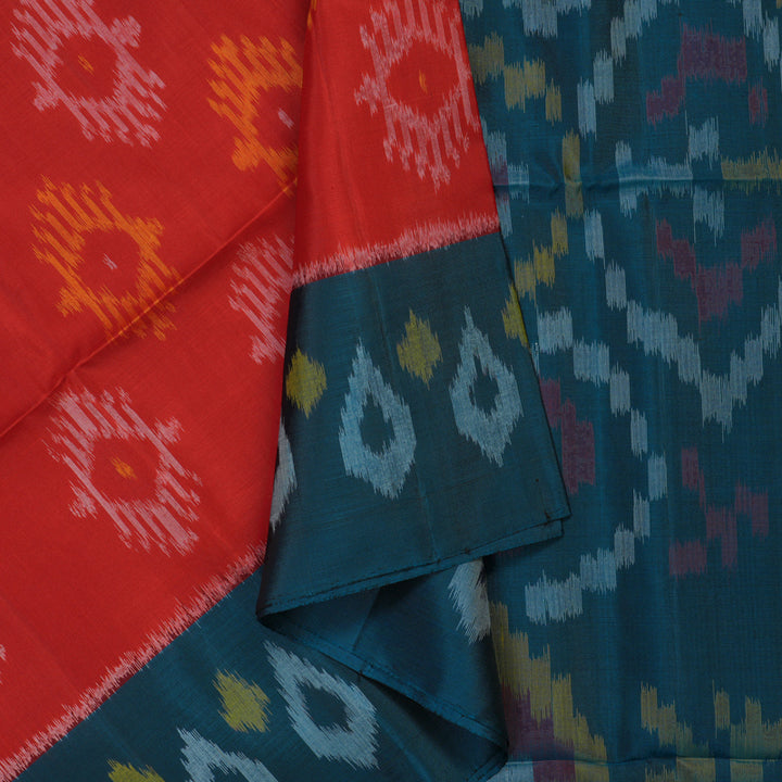 Hayagrivas Handloom Red Pure Ikkat Soft Silk Saree with Deep Teal Border KBE662G13-1