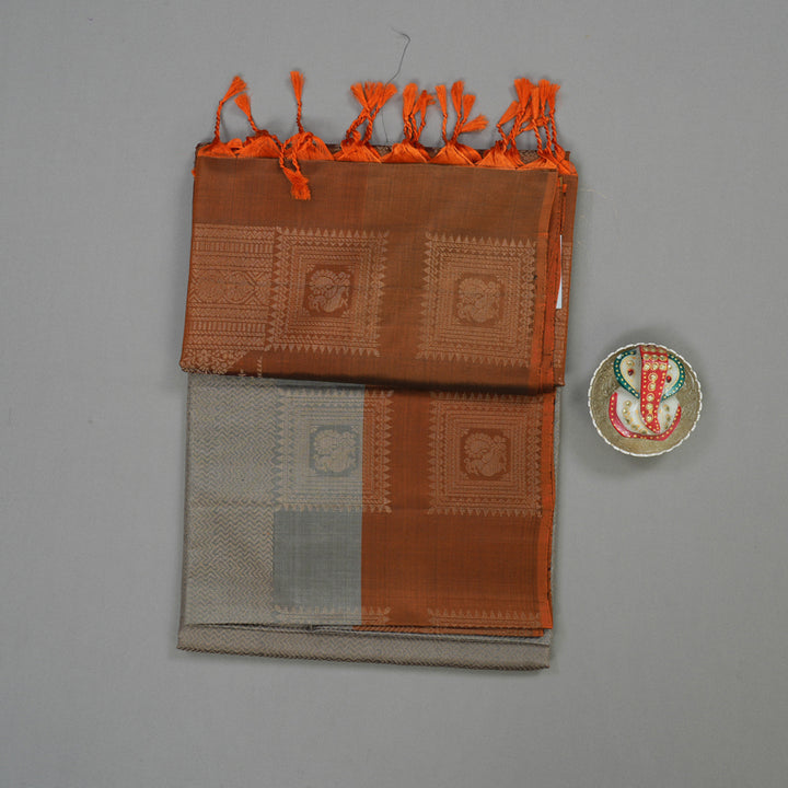 Hayagrivas Handloom Elephant Grey Soft Silk Saree with Rust Orange Border KBE662G6-13