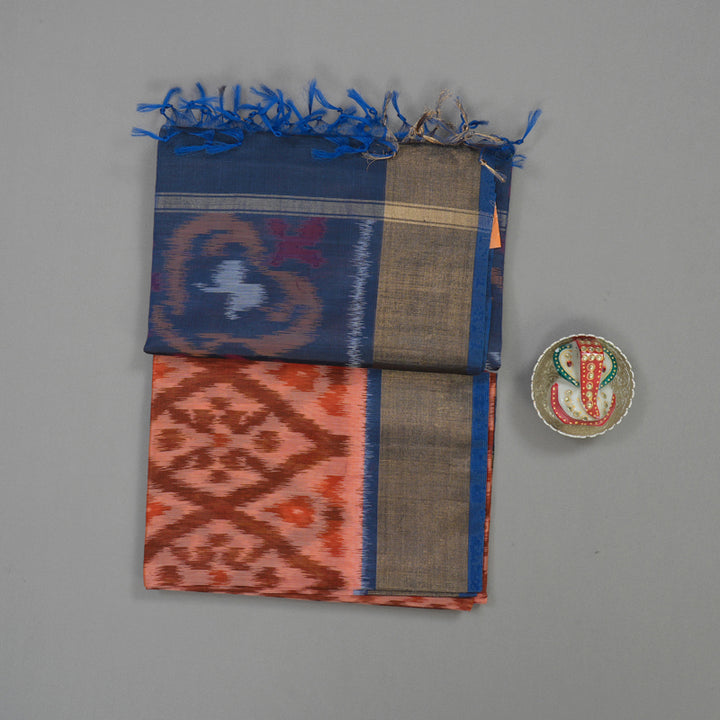 Hayagrivas Handloom Deep Orange Ikkat Kora Silk Cotton Saree with Midnight Blue Border KBE663G1-26