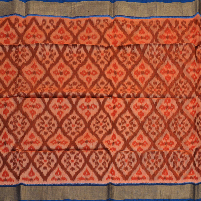 Hayagrivas Handloom Deep Orange Ikkat Kora Silk Cotton Saree with Midnight Blue Border KBE663G1-26