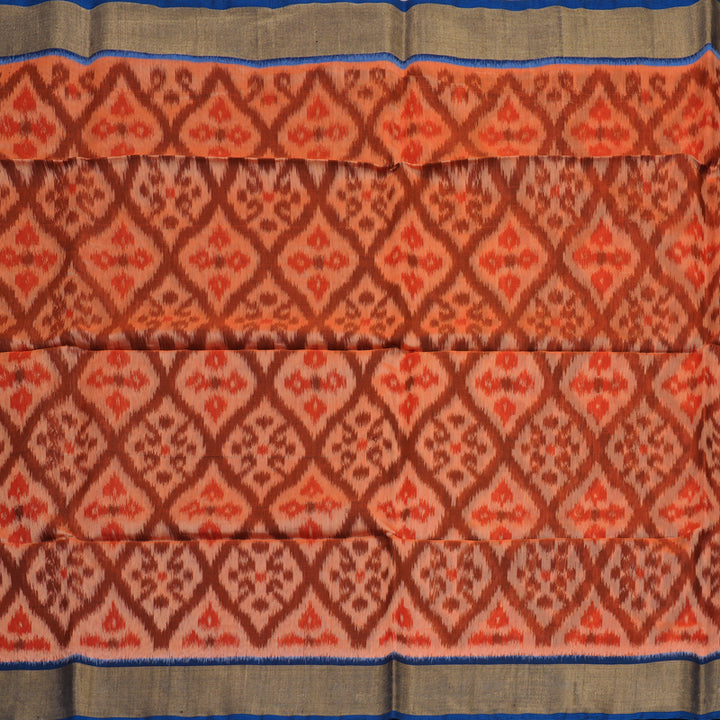 Hayagrivas Handloom Deep Orange Ikkat Kora Silk Cotton Saree with Midnight Blue Border KBE663G1-26