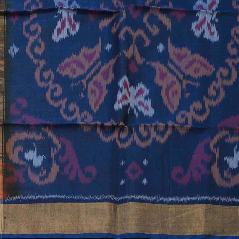 Hayagrivas Handloom Deep Orange Ikkat Kora Silk Cotton Saree with Midnight Blue Border KBE663G1-26