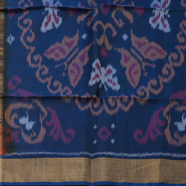 Hayagrivas Handloom Deep Orange Ikkat Kora Silk Cotton Saree with Midnight Blue Border KBE663G1-26