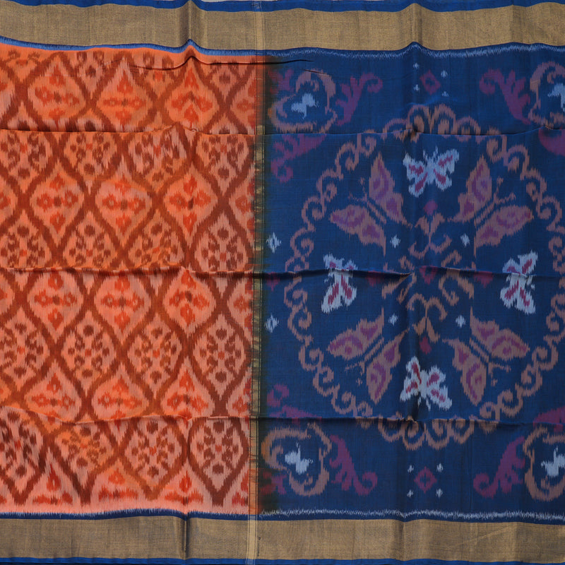 Hayagrivas Handloom Deep Orange Ikkat Kora Silk Cotton Saree with Midnight Blue Border KBE663G1-26