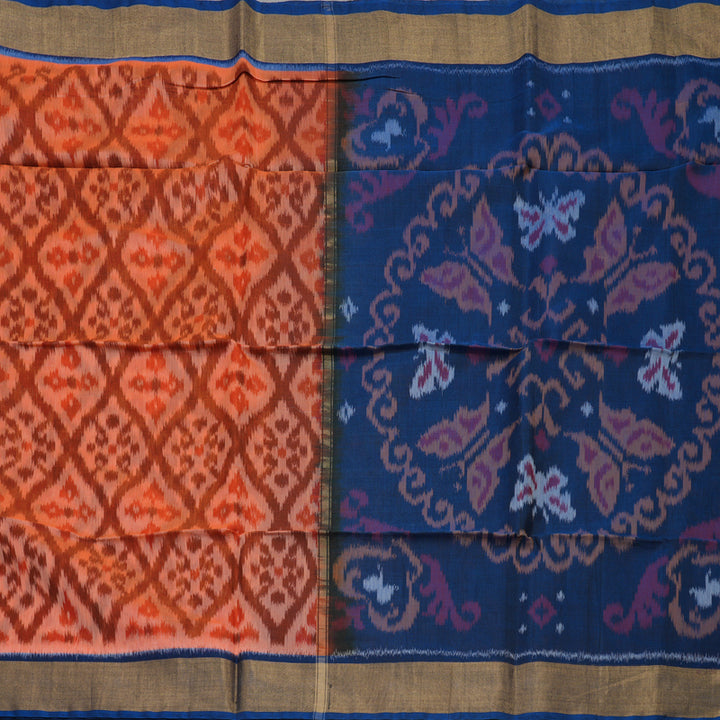Hayagrivas Handloom Deep Orange Ikkat Kora Silk Cotton Saree with Midnight Blue Border KBE663G1-26