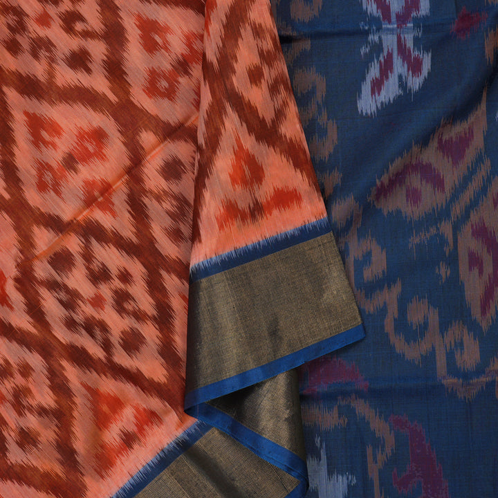 Hayagrivas Handloom Deep Orange Ikkat Kora Silk Cotton Saree with Midnight Blue Border KBE663G1-26