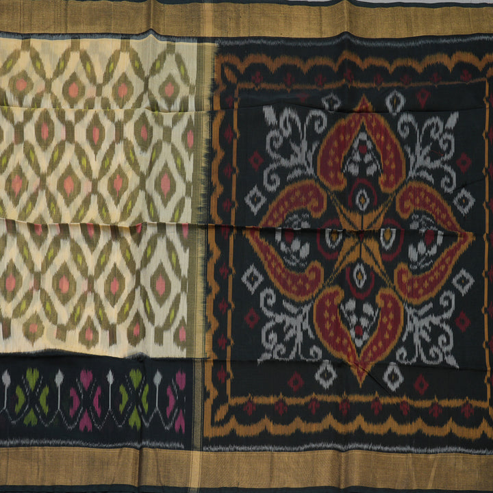 Hayagrivas Handloom Sandal Ikkat Kora Silk Cotton Saree with Black Border KBE663G1-54