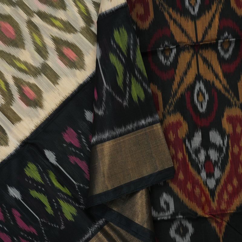 Hayagrivas Handloom Sandal Ikkat Kora Silk Cotton Saree with Black Border KBE663G1-54