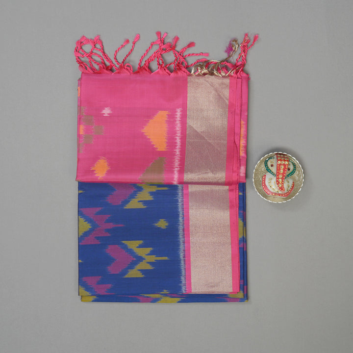 Hayagrivas Handloom Royal Blue Pure Ikkat Soft Silk Saree with Pink Border KBE663G2-14