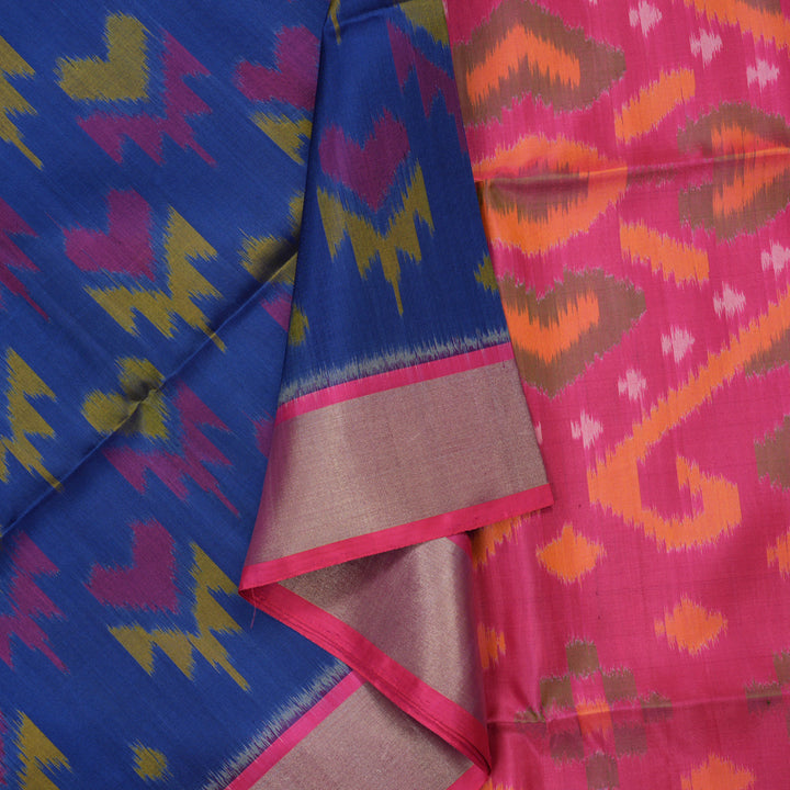 Hayagrivas Handloom Royal Blue Pure Ikkat Soft Silk Saree with Pink Border KBE663G2-14