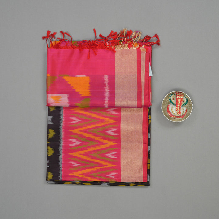 Hayagrivas Handloom Dark Chocolate Brown Pure Ikkat Soft Silk Saree with Pink Border KBE663G2-17