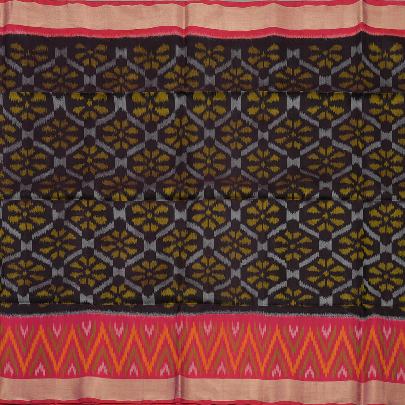 Hayagrivas Handloom Dark Chocolate Brown Pure Ikkat Soft Silk Saree with Pink Border KBE663G2-17