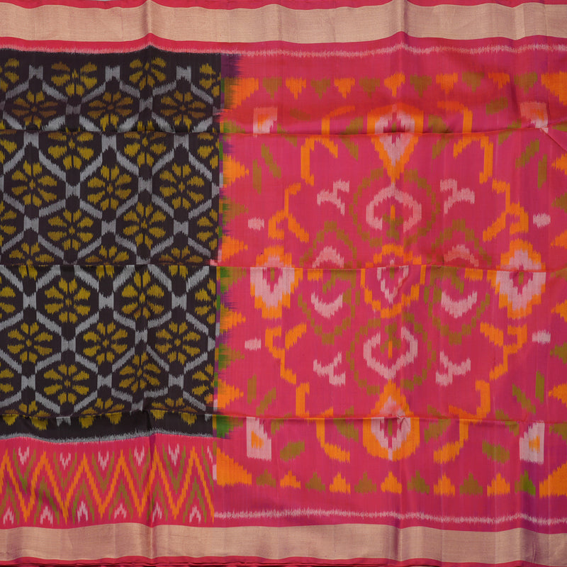 Hayagrivas Handloom Dark Chocolate Brown Pure Ikkat Soft Silk Saree with Pink Border KBE663G2-17