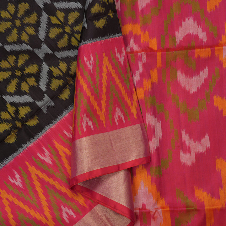 Hayagrivas Handloom Dark Chocolate Brown Pure Ikkat Soft Silk Saree with Pink Border KBE663G2-17