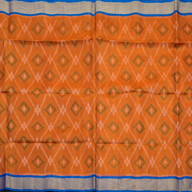 Hayagrivas Handloom Orange Pure Ikkat Soft Silk Saree with Blue Border KBE663G2-30