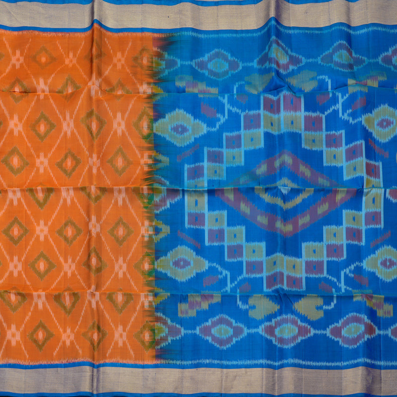 Hayagrivas Handloom Orange Pure Ikkat Soft Silk Saree with Blue Border KBE663G2-30