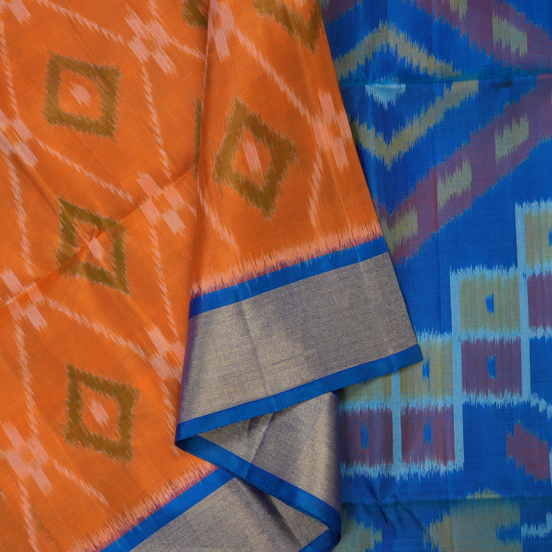 Hayagrivas Handloom Orange Pure Ikkat Soft Silk Saree with Blue Border KBE663G2-30