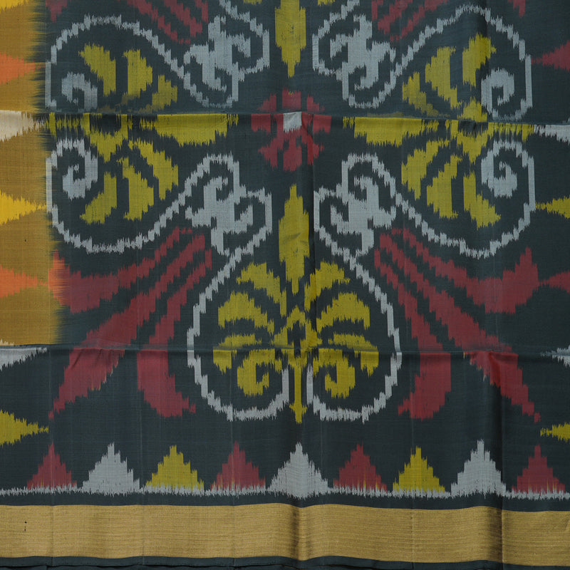 Hayagrivas Handloom Khaki Brown Pure Ikkat Soft Silk Saree with Dark Grey Border KBE663G2-34