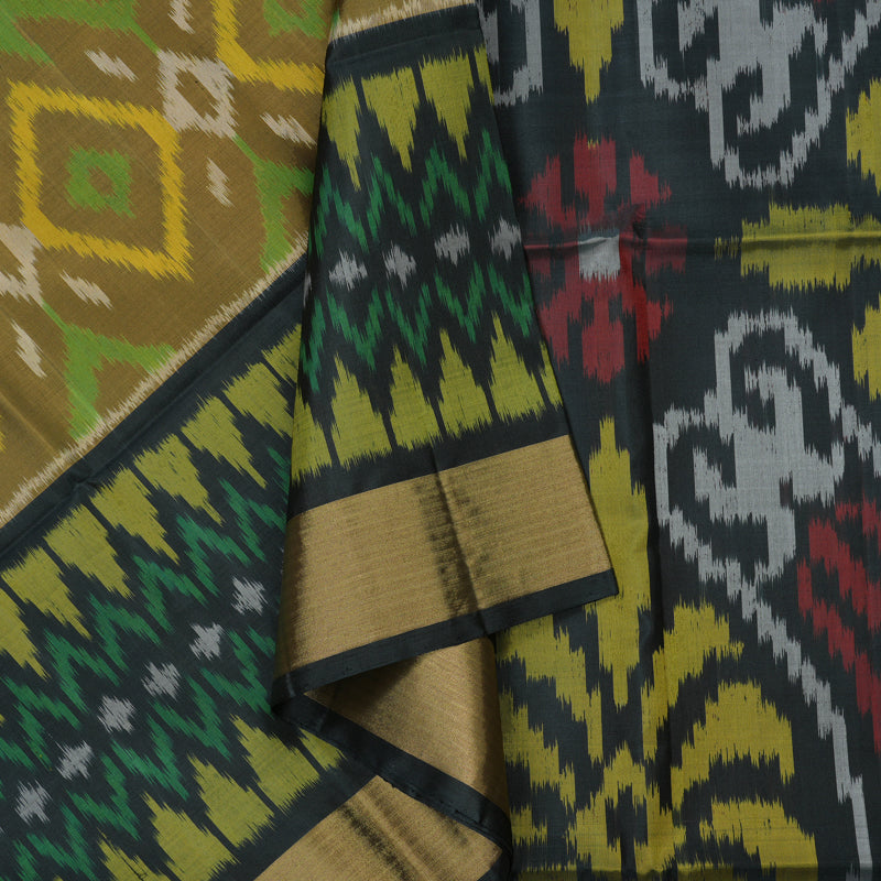 Hayagrivas Handloom Khaki Brown Pure Ikkat Soft Silk Saree with Dark Grey Border KBE663G2-34