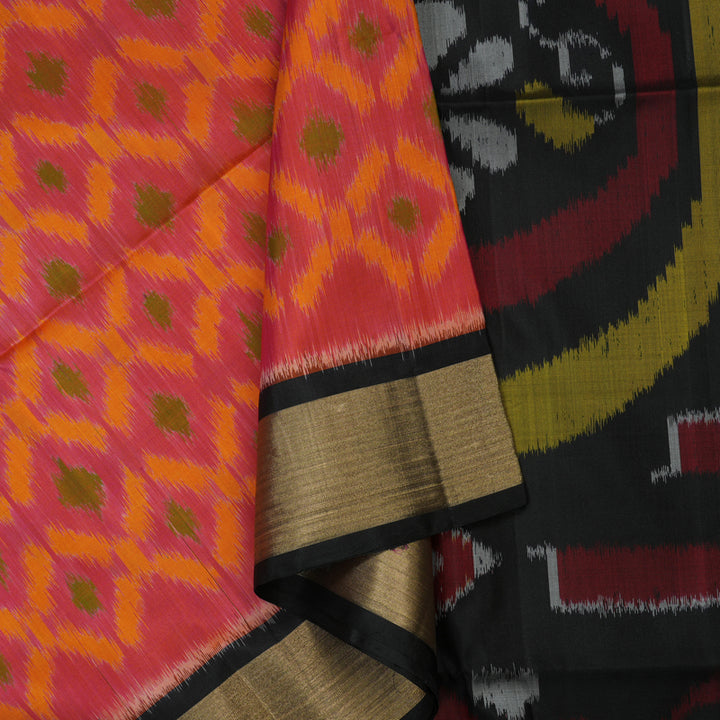 Hayagrivas Handloom Pink Pure Ikkat Soft Silk Saree with Black Border KBE663G2-41