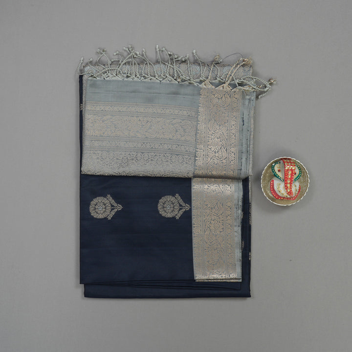 Hayagrivas Handloom Soft Silk Saree in Karum Neelam with Silver Grey Border KBE673G8-1