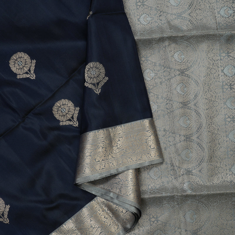 Hayagrivas Handloom Soft Silk Saree in Karum Neelam with Silver Grey Border KBE673G8-1