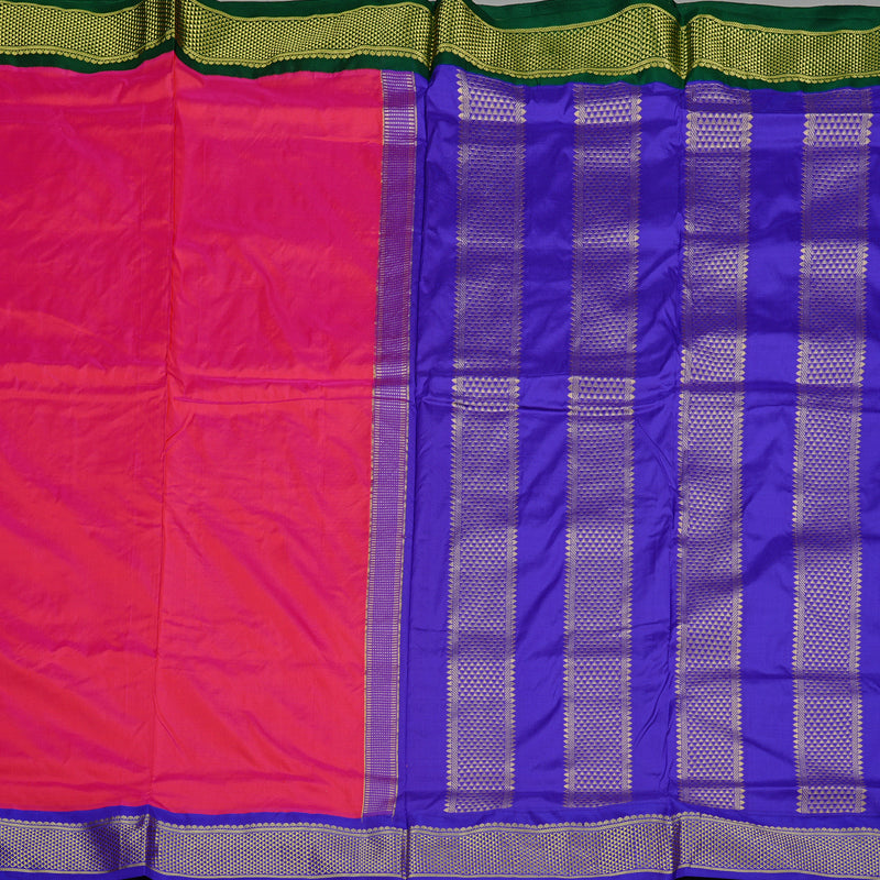 Hayagrivas Reddish Pink Handloom Kanjivaram Ten yards Silk Saree with Ganga Jamuna (Green And Purplish Blue) Border KBE68D1-31