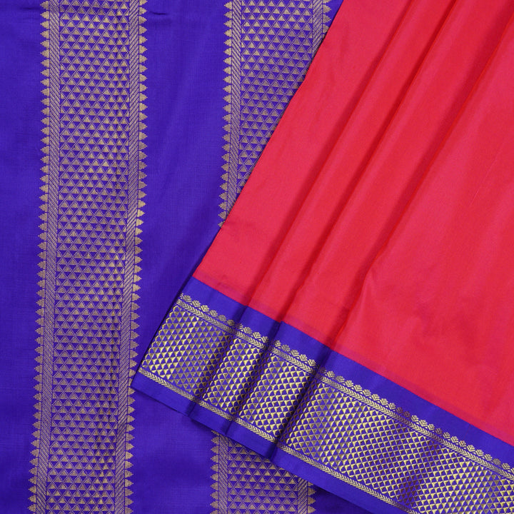 Hayagrivas Reddish Pink Handloom Kanjivaram Ten yards Silk Saree with Ganga Jamuna (Green And Purplish Blue) Border KBE68D1-31