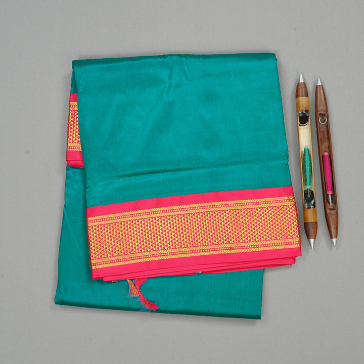 Hayagrivas Teal Blue Handloom Kanjivaram Ten yards Silk Saree with Pink Border KBE68D1-65