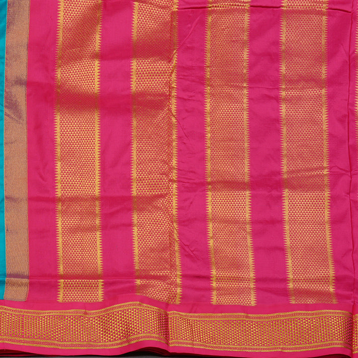 Hayagrivas Teal Blue Handloom Kanjivaram Ten yards Silk Saree with Pink Border KBE68D1-65