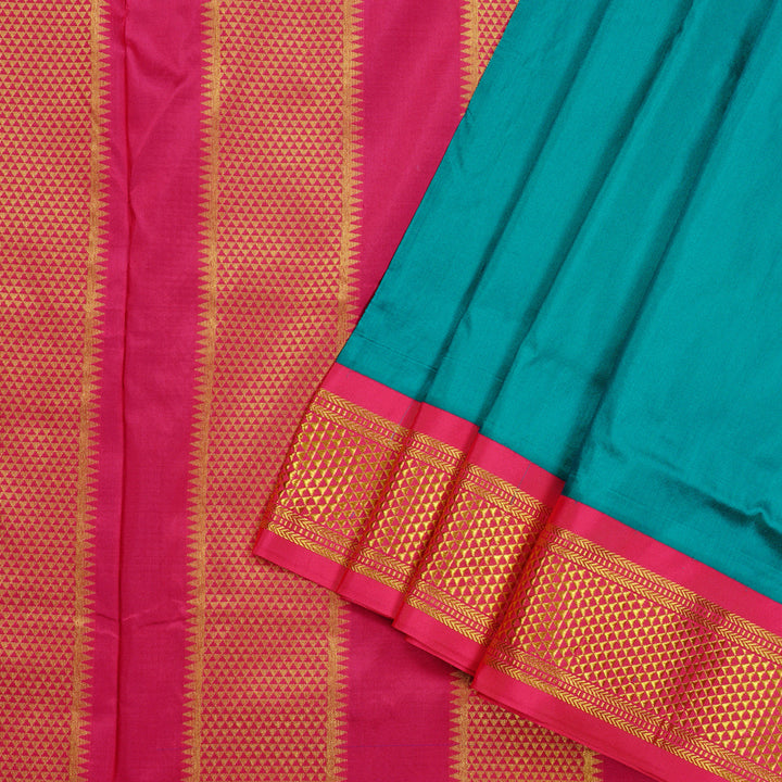 Hayagrivas Teal Blue Handloom Kanjivaram Ten yards Silk Saree with Pink Border KBE68D1-65