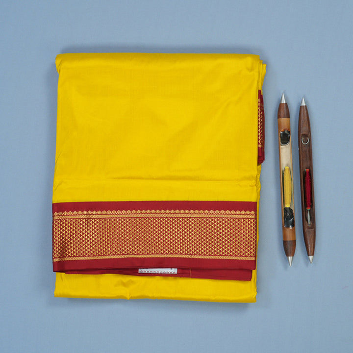 Hayagrivas Handloom Lemon Yellow Ten Yards Silk Saree with Maroon Border KBE68D1-66