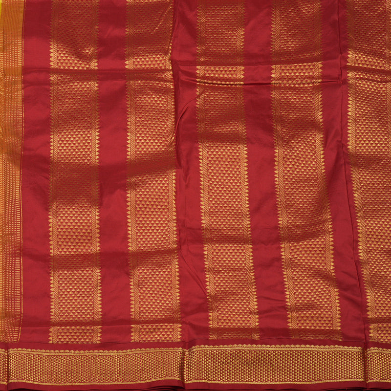Hayagrivas Handloom Lemon Yellow Ten Yards Silk Saree with Maroon Border KBE68D1-66