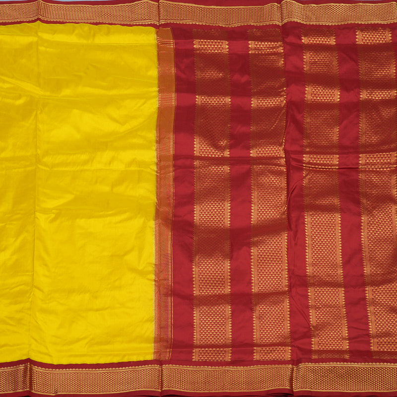 Hayagrivas Handloom Lemon Yellow Ten Yards Silk Saree with Maroon Border KBE68D1-66